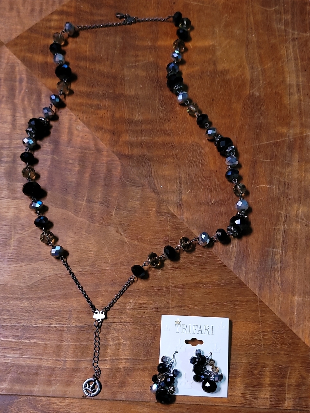 Vintage. Trifari Black and Smoky Bead Necklace with Matching Earrings